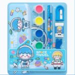 9-Piece Kids Stationery Kit – Cute Pencil Box Set with Pencils, Ruler, Drawing Book, Eraser, Sharpener, Water Colours & Transparent Pouch for Girls & Boys (Pack of 1)