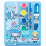 9-Piece Kids Stationery Kit – Cute Pencil Box Set with Pencils, Ruler, Drawing Book, Eraser, Sharpener, Water Colours & Transparent Pouch for Girls & Boys (Pack of 1)