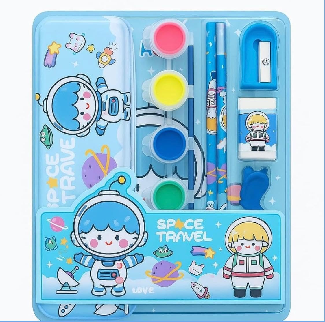 WhatsApp Image 2026-06-21 at 11.54.16 AM 9-Piece Kids Stationery Kit – Cute Pencil Box Set with Pencils, Ruler, Drawing Book, Eraser, Sharpener, Water Colours & Transparent Pouch for Girls & Boys (Pack of 1) - Image 1